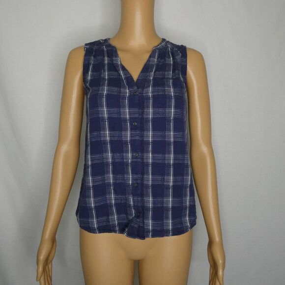 Joie Plaid Sleeveless V Split Neck Button Up Shirt Blouse Blue Chest Pocket XXS - Picture 1 of 7